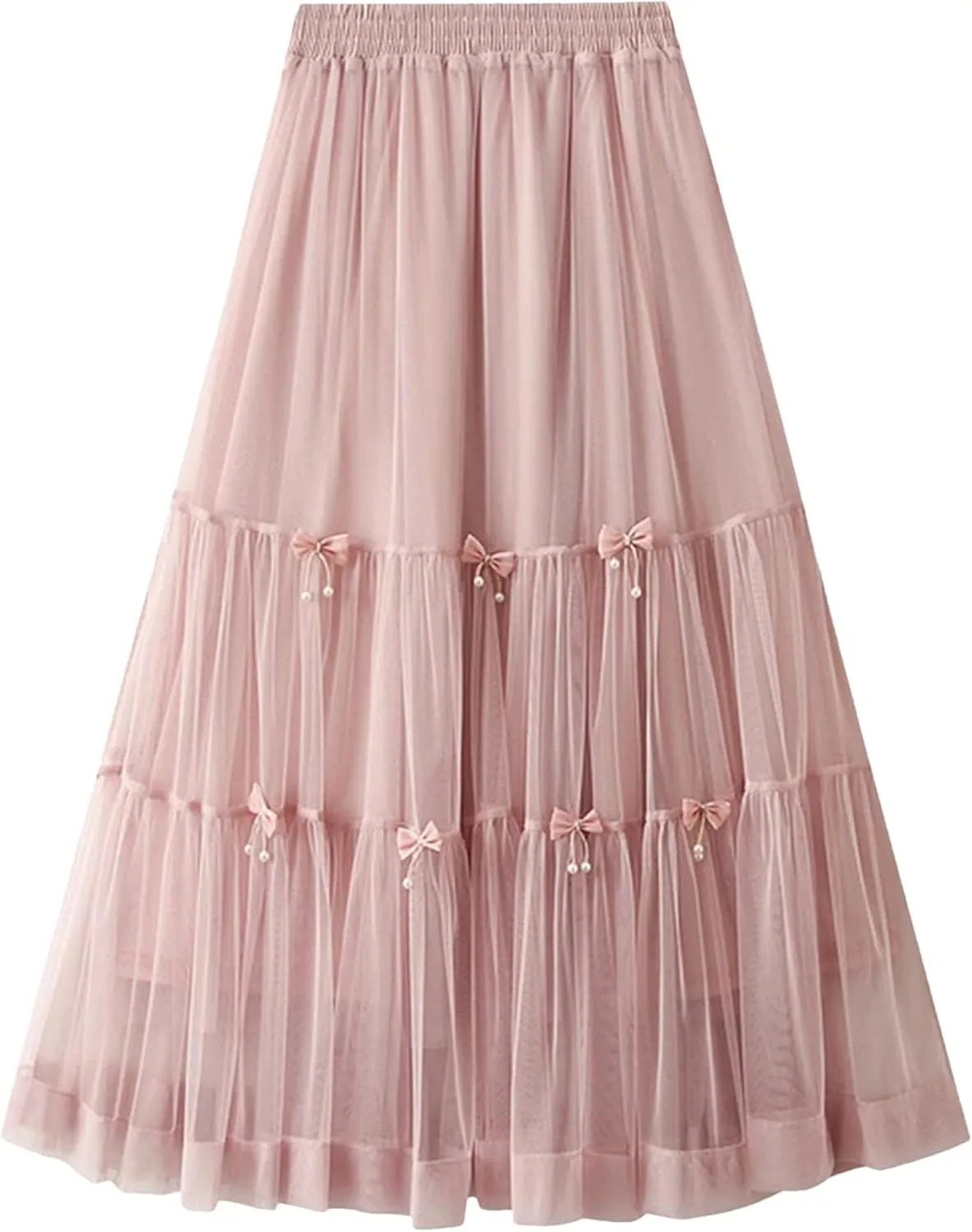 Bow Mesh Cake Skirts for Women High Waist Solid Color Stitching Party Clothing