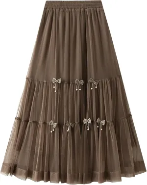 Bow Mesh Cake Skirts for Women High Waist Solid Color Stitching Party Clothing