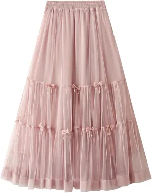 Bow Mesh Cake Skirts for Women High Waist Solid Color Stitching Party Clothing