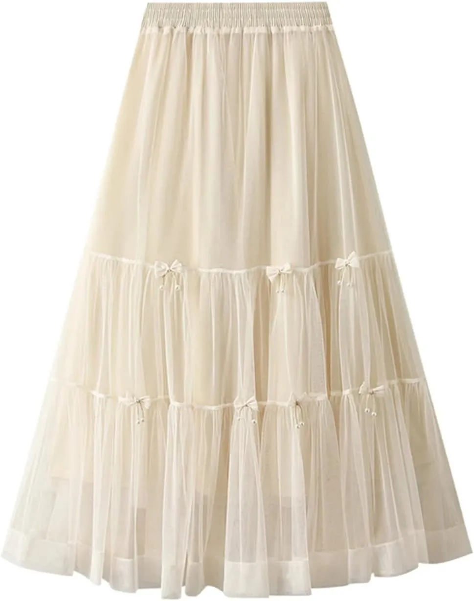 Bow Mesh Cake Skirts for Women High Waist Solid Color Stitching Party Clothing