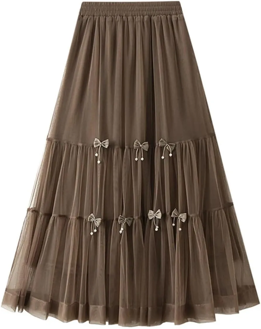 Bow Mesh Cake Skirts for Women High Waist Solid Color Stitching Party Clothing