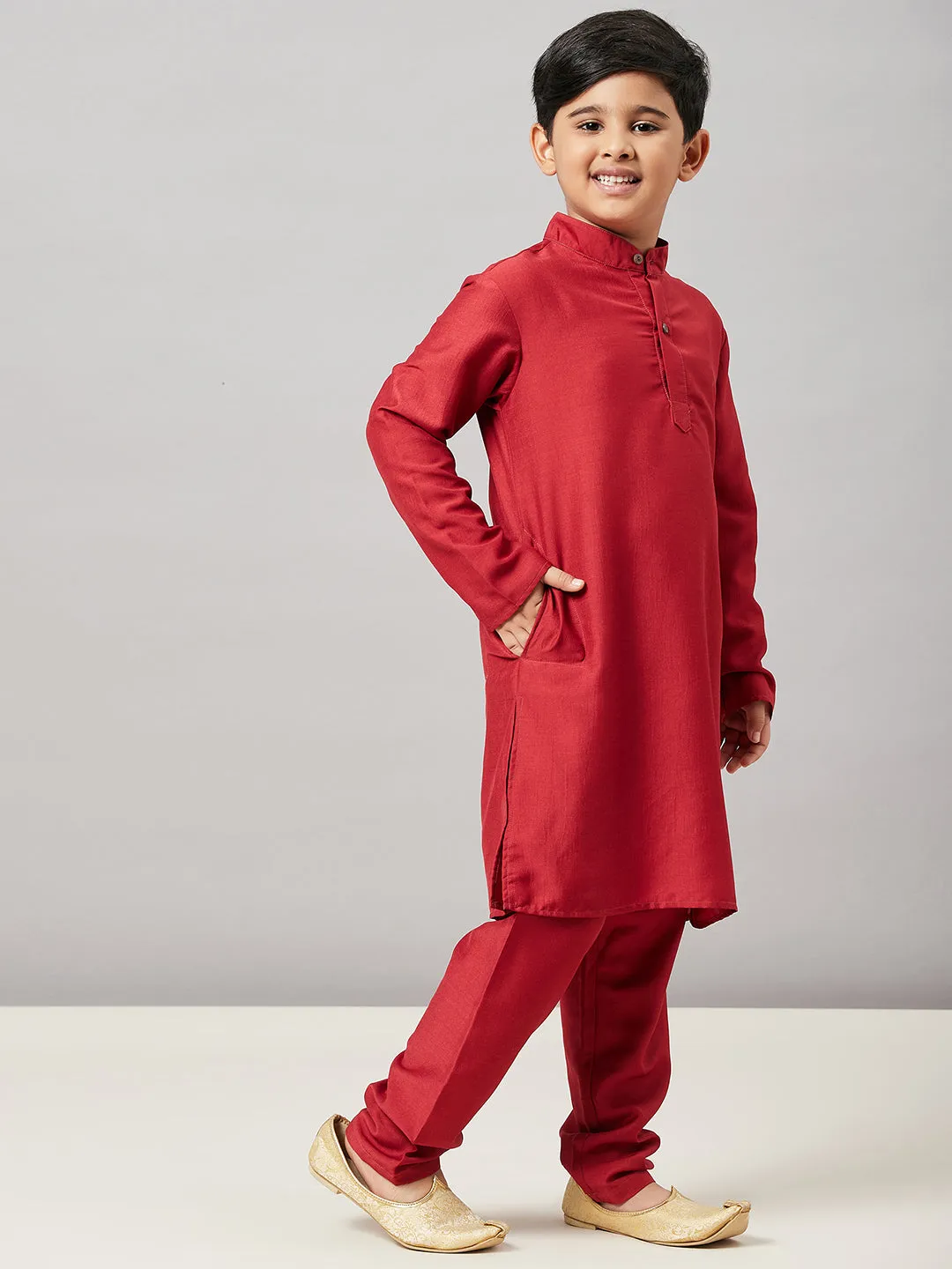 Boy's Solid Kurta with Payjama Maroon - StyloBug KIDS