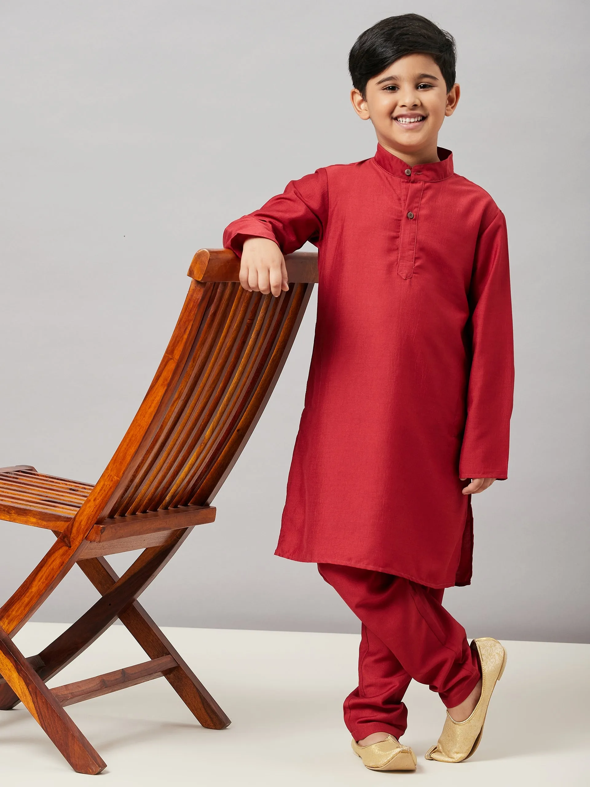 Boy's Solid Kurta with Payjama Maroon - StyloBug KIDS
