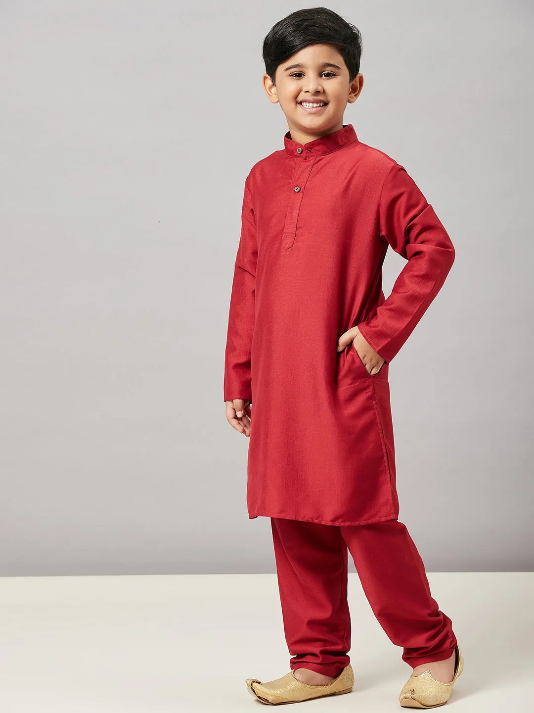 Boy's Solid Kurta with Payjama Maroon - StyloBug KIDS