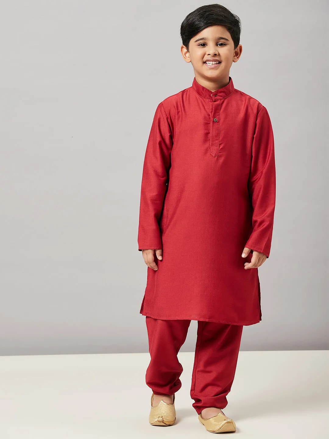 Boy's Solid Kurta with Payjama Maroon - StyloBug KIDS