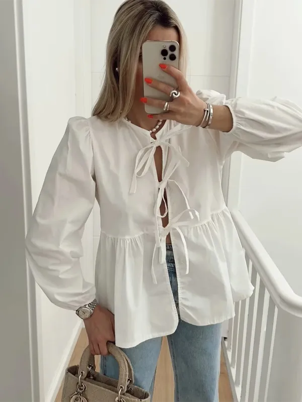 Braelyn Women's Street Fashion Bow Long Sleeve Shirt