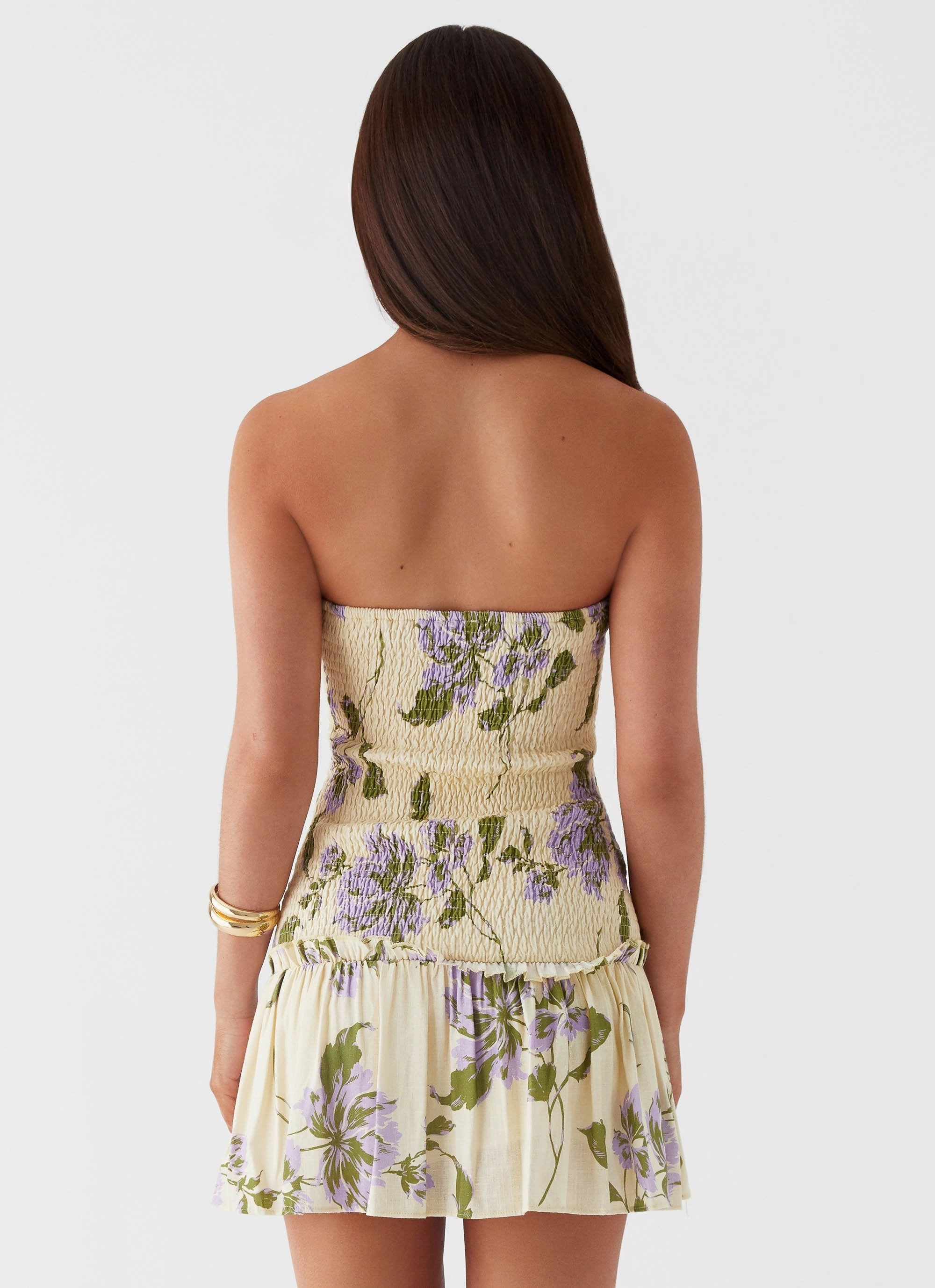 Break From Toronto Linen Mini Dress - Yellow Purple Floral Urban Minimalism Night Appeal