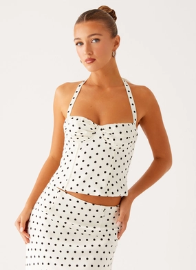 Self Fabric Tie Closure FlexibleLayeredConstruction Breanne Top - White Polka Dot