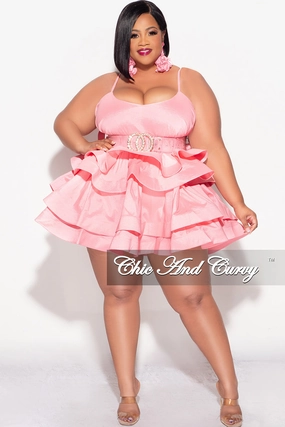 Effortless Look Flexible Ankle Cuffs Final Sale Plus Size Spaghetti Strap Tiered Ruffle Mini Dress in Pink