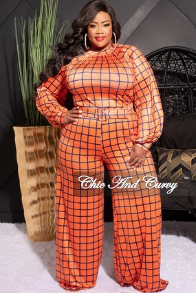 quick dry Final Sale Plus Size Mock Neck Belted Jumpsuit in Orange and Blue Checker Print