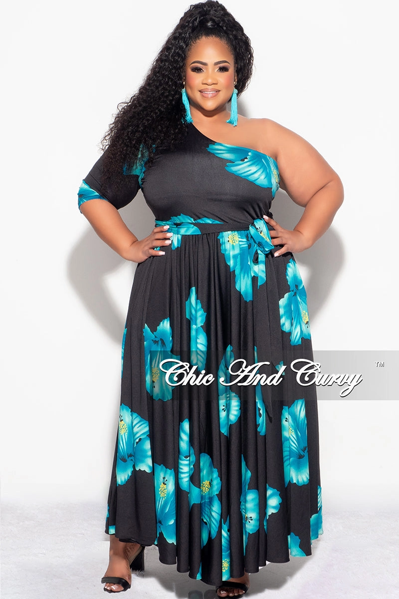 Final Sale Plus Size One Shoulder Dress in Black and Turquoise Floral Print Flattering Design