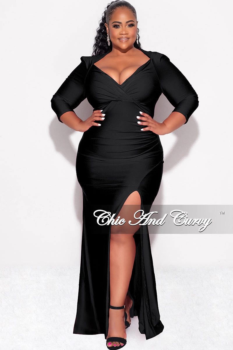 Final Sale Plus Size Shiny Faux Wrap Gown with Slit in Black AbrasionResistantFabric Classic Polo
