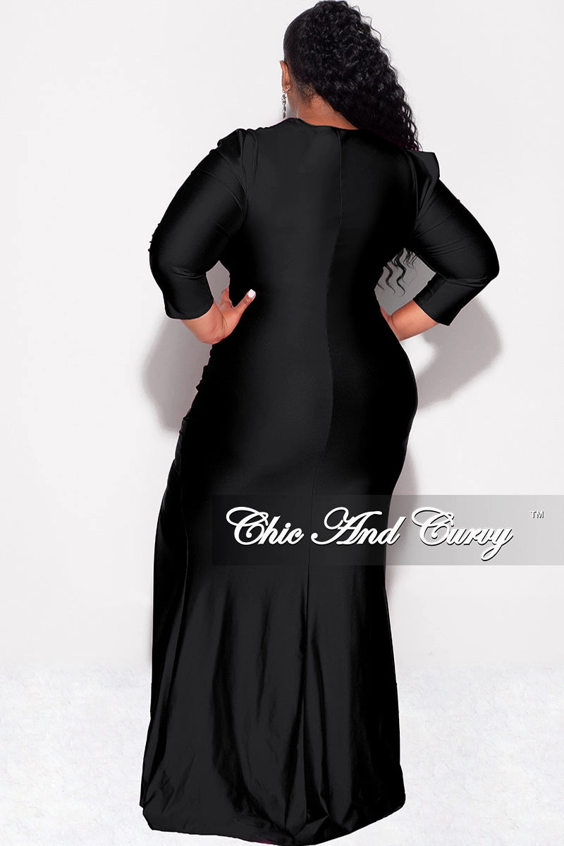 Final Sale Plus Size Shiny Faux Wrap Gown with Slit in Black SlubTexture Hypoallergenic Inner Layer