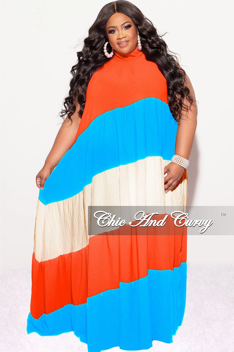 Unisex style Slim Fit Wear Final Sale Plus Size Halter Maxi Dress In Orange Turquoise and Cream