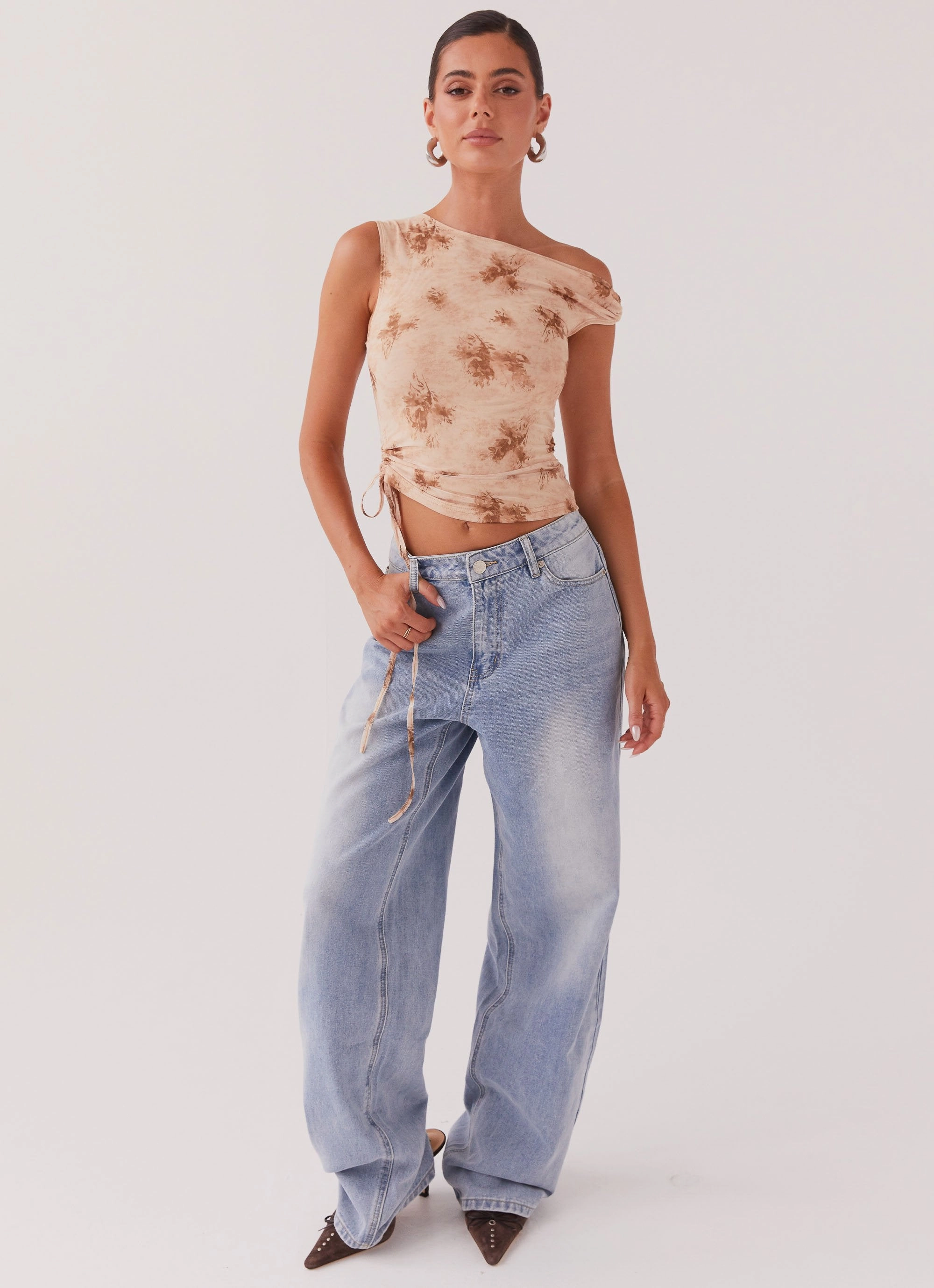 BreathableMeshPanel Til Sunrise Off The Shoulder Top - Taupe Smoke