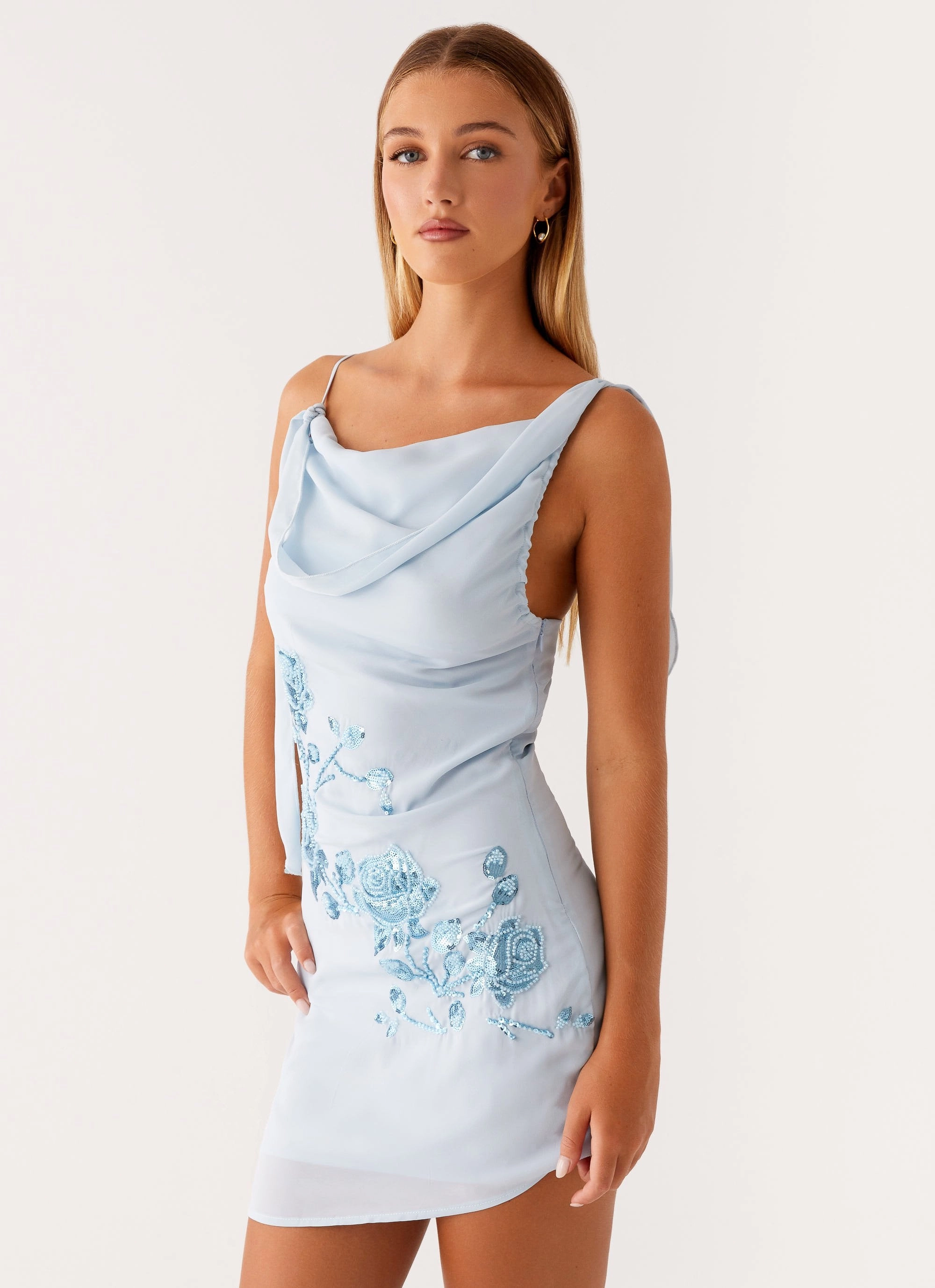 Lily Beaded Mini Dress - Pastel Blue Romantic dinner wear