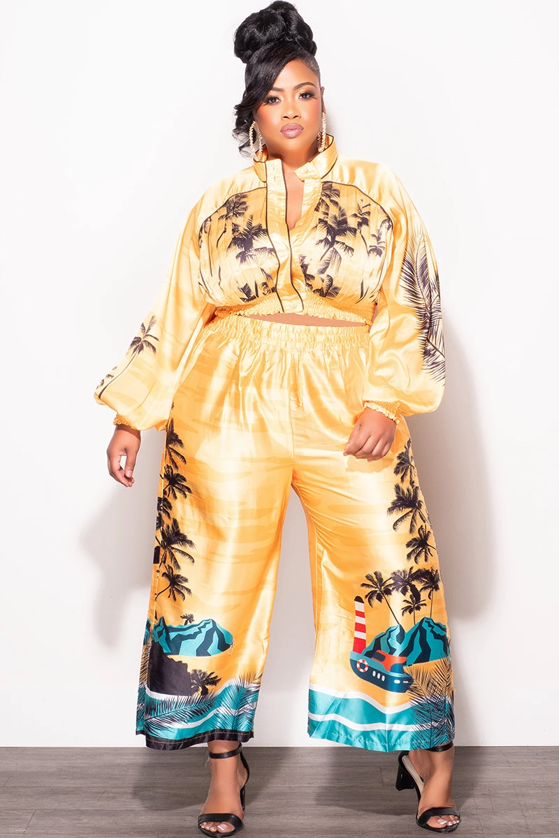 Final Sale Plus Size 2pc Satin Set with Crop Top and Culottes Pants in Mustard Palm Print Cozy Feel