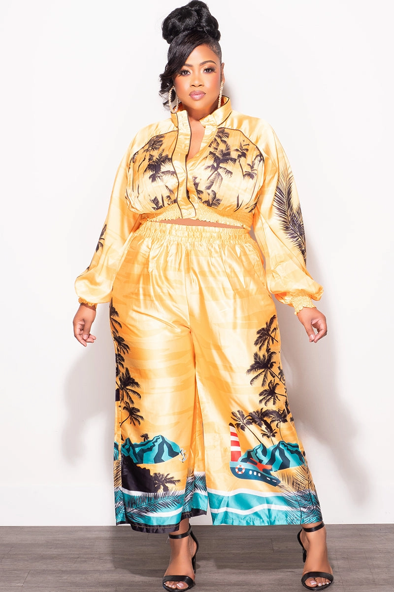 High Durability Thread DurablePolyester Final Sale Plus Size 2pc Satin Set with Crop Top and Culottes Pants in Mustard Palm Print