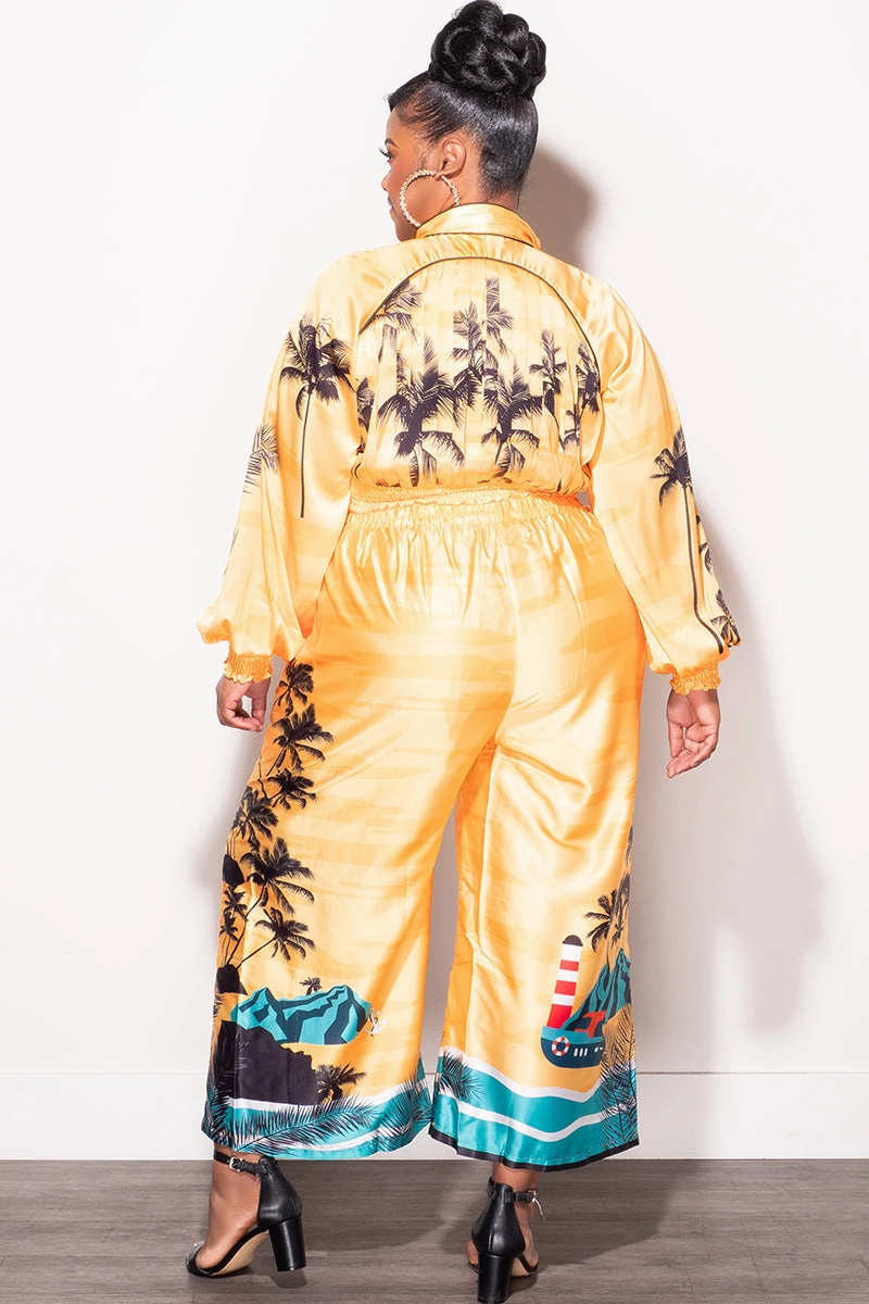 Comfy Vibes Air Comfort Final Sale Plus Size 2pc Satin Set with Crop Top and Culottes Pants in Mustard Palm Print