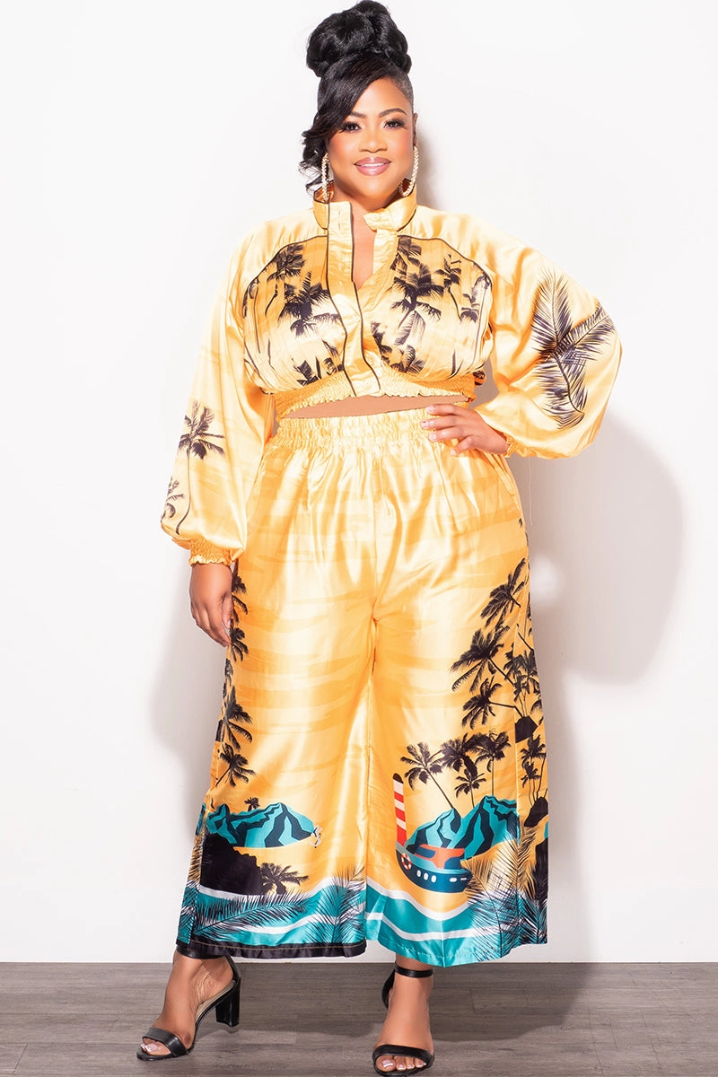 SmoothZipper Final Sale Plus Size 2pc Satin Set with Crop Top and Culottes Pants in Mustard Palm Print