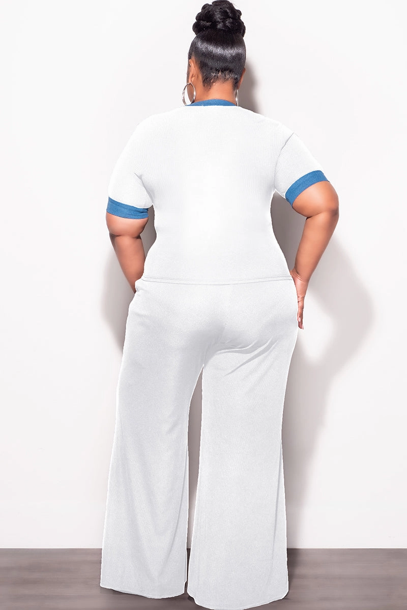 Final Sale Plus Size 2pc Set Short Sleeve Top and Pants in Off White and Blue Stretchable Fabric snag resistant