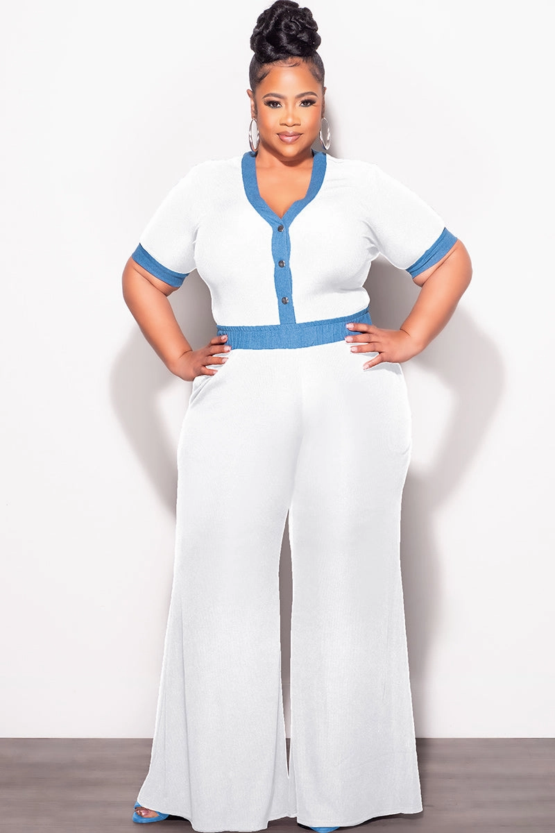 Final Sale Plus Size 2pc Set Short Sleeve Top and Pants in Off White and Blue QuickDryTech