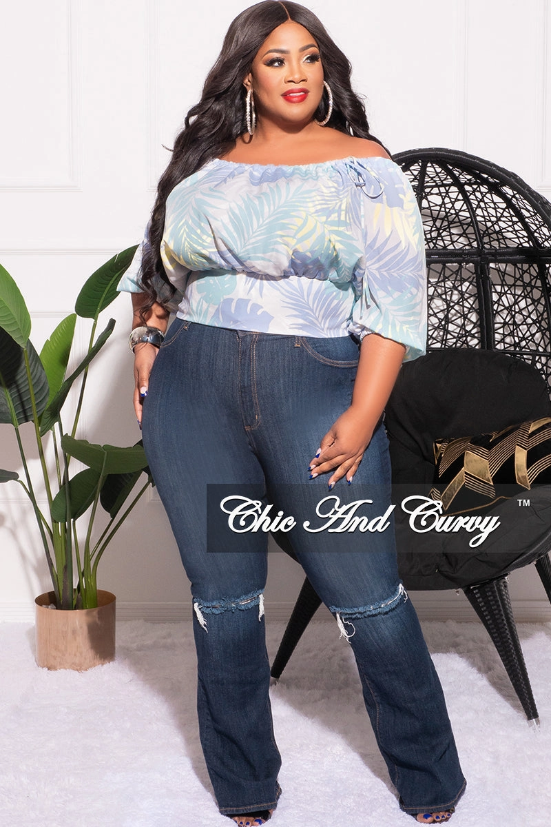 Final Sale Plus Size Drawstring Off the Shoulder Top in Soft Turquoise Leaf Print Relaxed Fit Design
