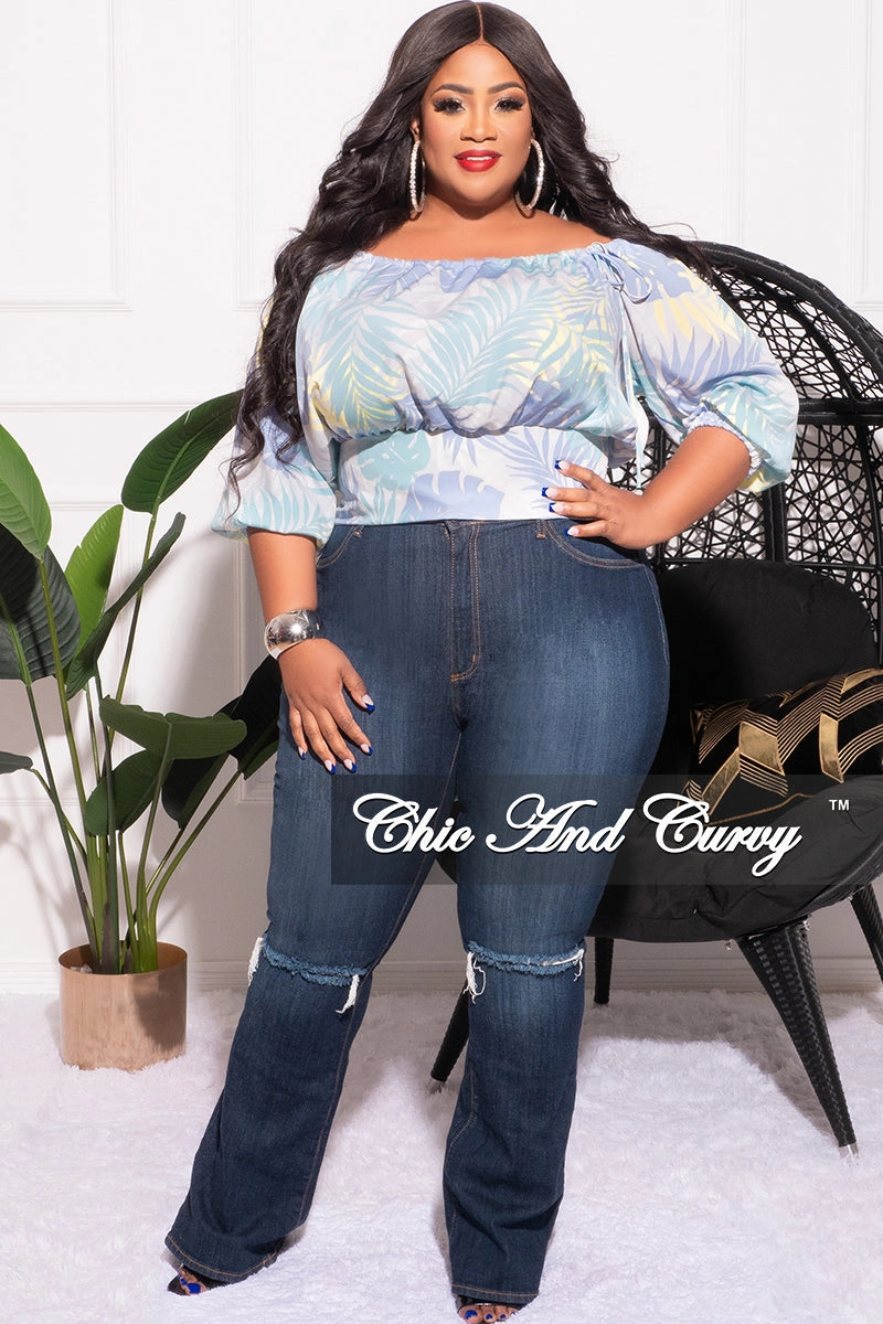 Final Sale Plus Size Drawstring Off the Shoulder Top in Soft Turquoise Leaf Print Rugged Wear