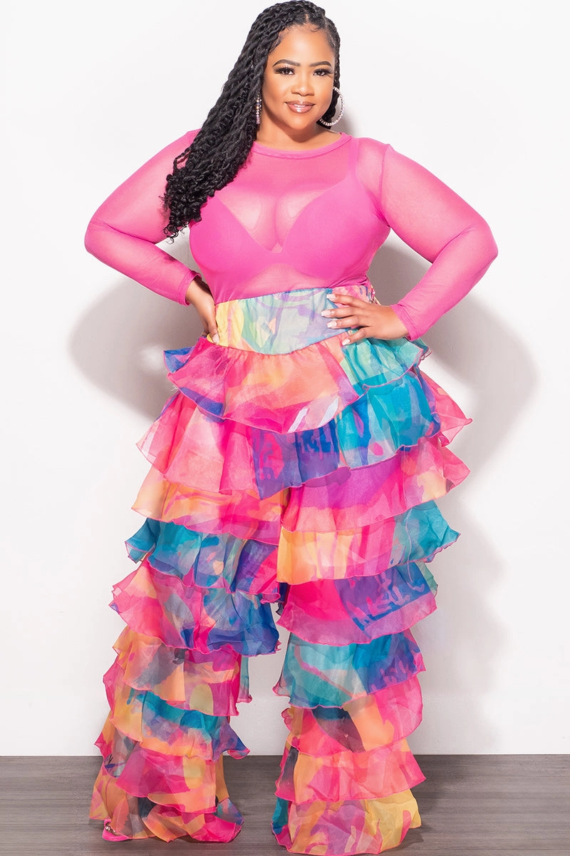 Flexible Material Stretching Fit Final Sale Plus Size High Waist Chiffon Ruffle Pants in Multi-Color Print