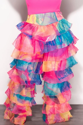 NonBindingWaistline Final Sale Plus Size High Waist Chiffon Ruffle Pants in Multi-Color Print