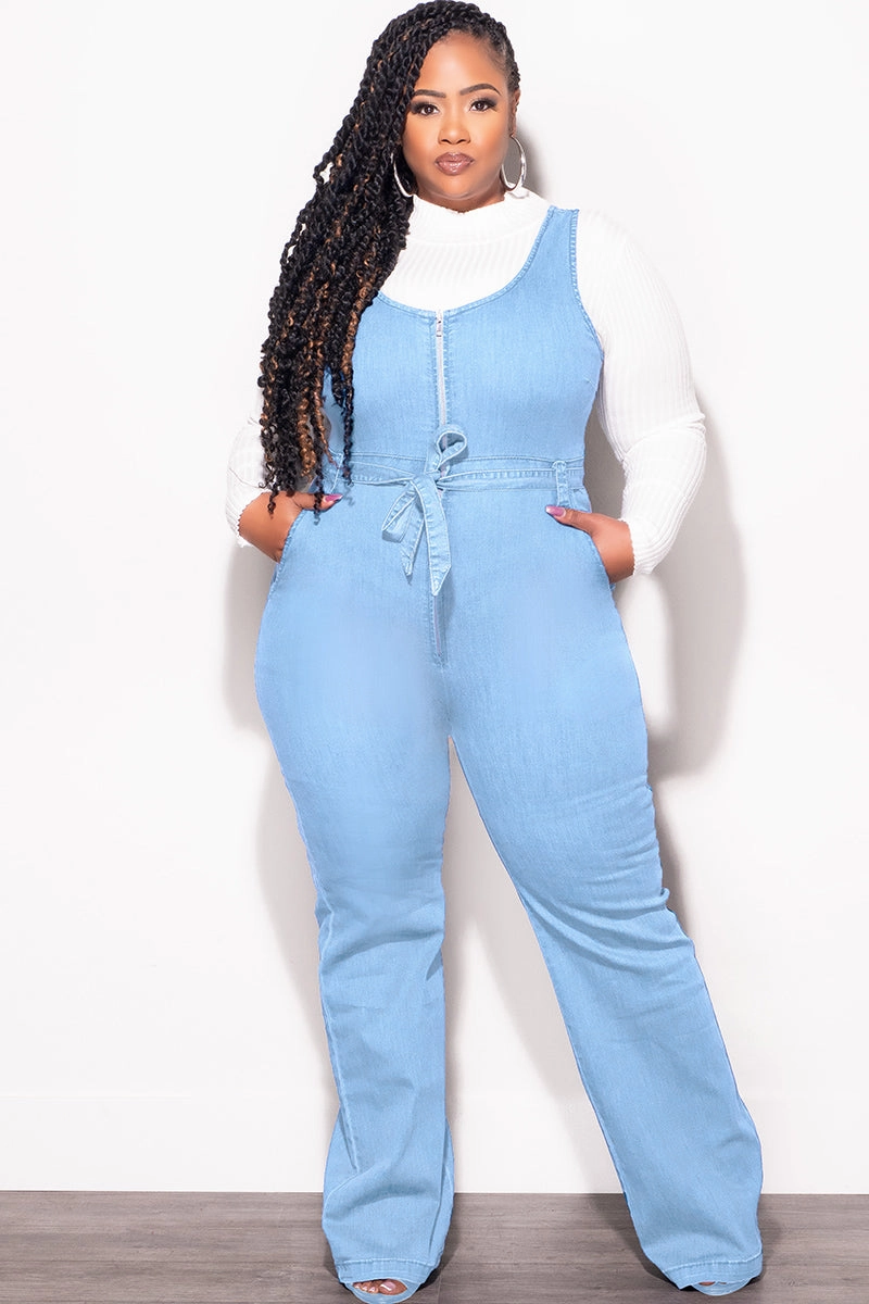 Rubberized Hem Soft Comfort Final Sale Plus Size Sleeveless Zip-Up Jumpsuit with Attached Tie in Light Denim