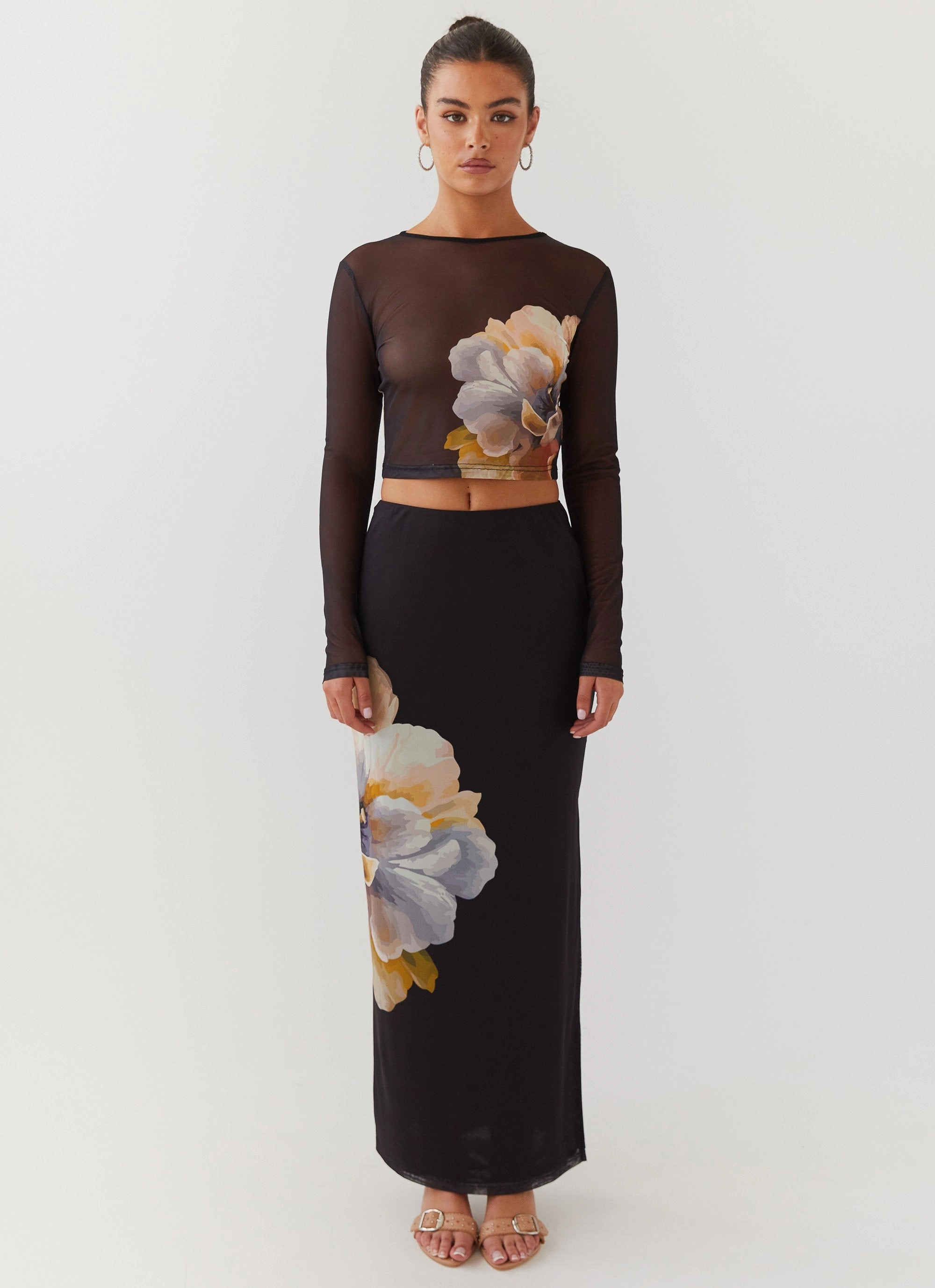 Chain Reaction Mesh Long Sleeve Top - Black Orchid Self Fabric Tie Closure