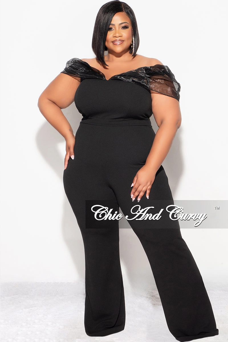 EasyCare Fabric Tension Balanced Design Final Sale Plus Size Mesh Off The Shoulder Plus Size Jumpsuit in Black
