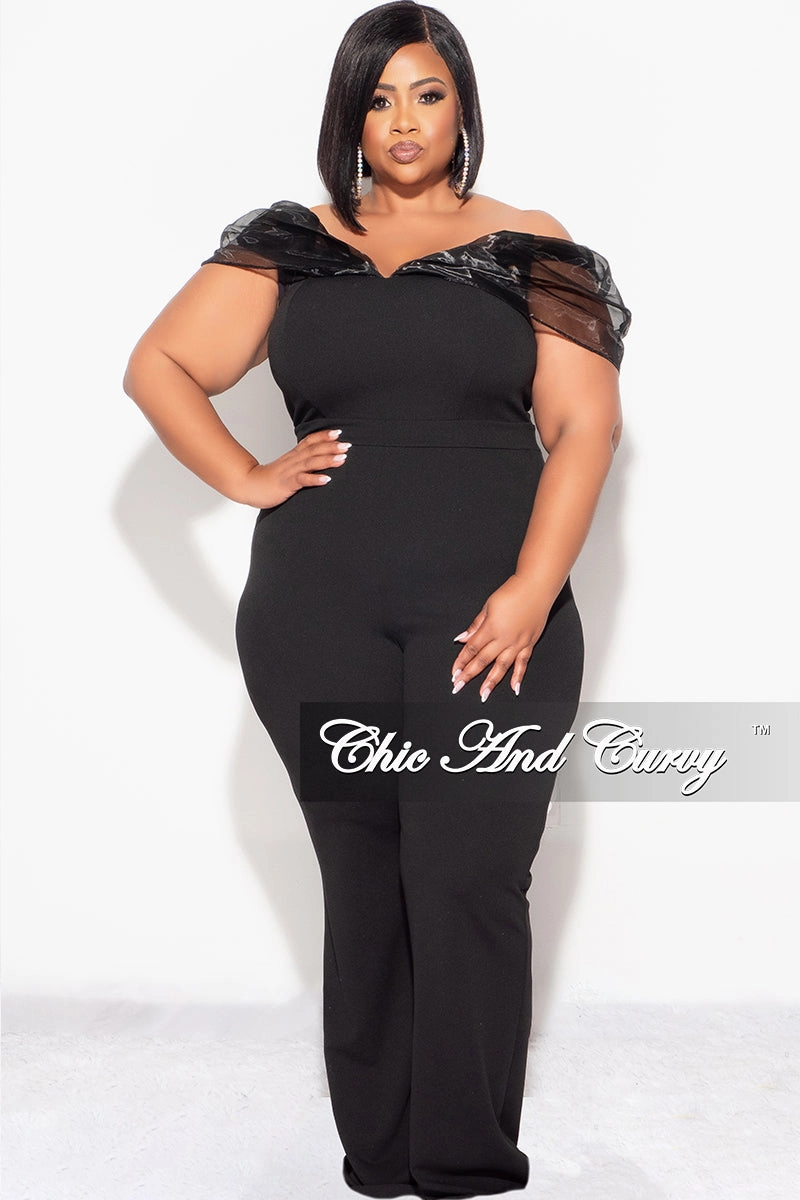 Final Sale Plus Size Mesh Off The Shoulder Plus Size Jumpsuit in Black Built In Filter Layer