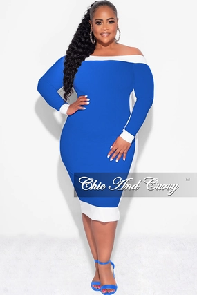Final Sale Plus Size Off the Shoulder BodyCon Dress in Royal with White Trim Roll-up style