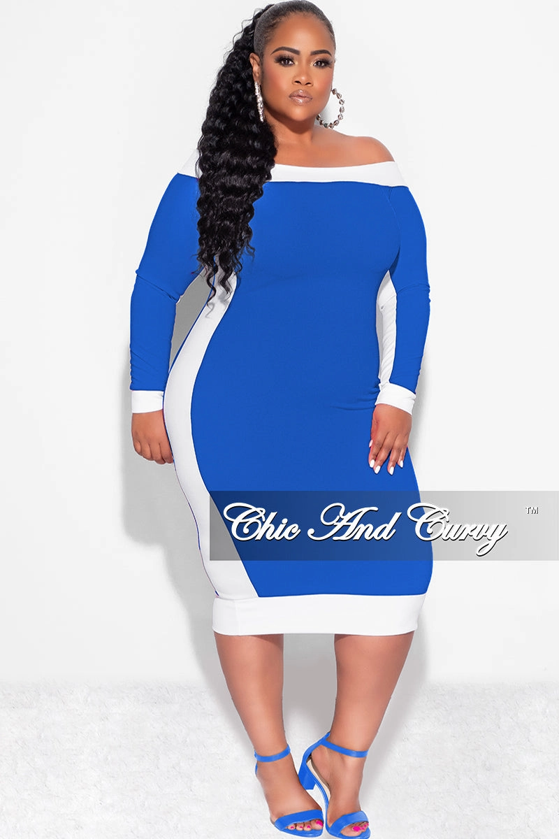 Slim Look Breathable Waistband Final Sale Plus Size Off the Shoulder BodyCon Dress in Royal with White Trim