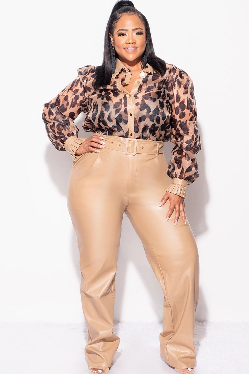 Layer-Friendly Final Sale Plus Size 2pc Chiffon Button Up Collar Top and Faux Leather Pants Set in Animal Print