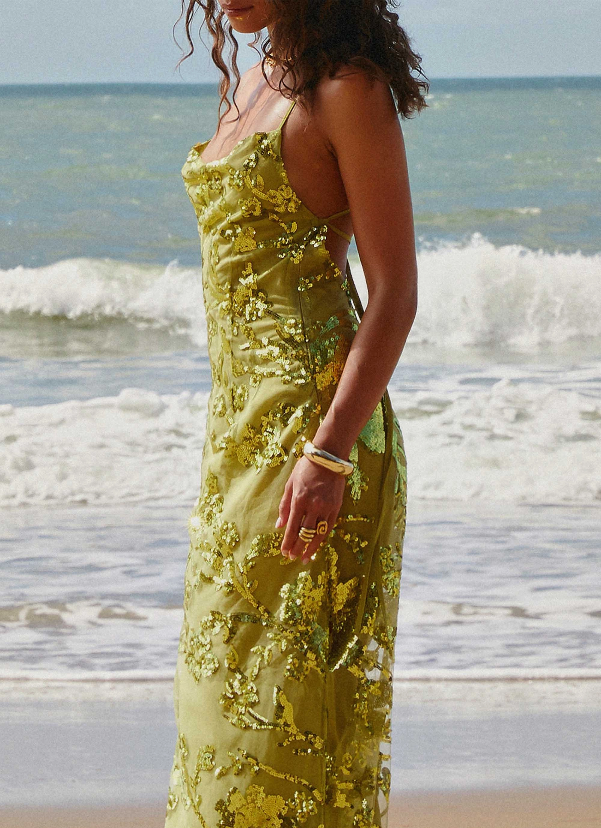 Havana Sequin Maxi Dress - Lime Scalloped-Edge Chic Balance