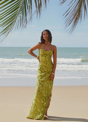 Sunset Hour Day Love Havana Sequin Maxi Dress - Lime