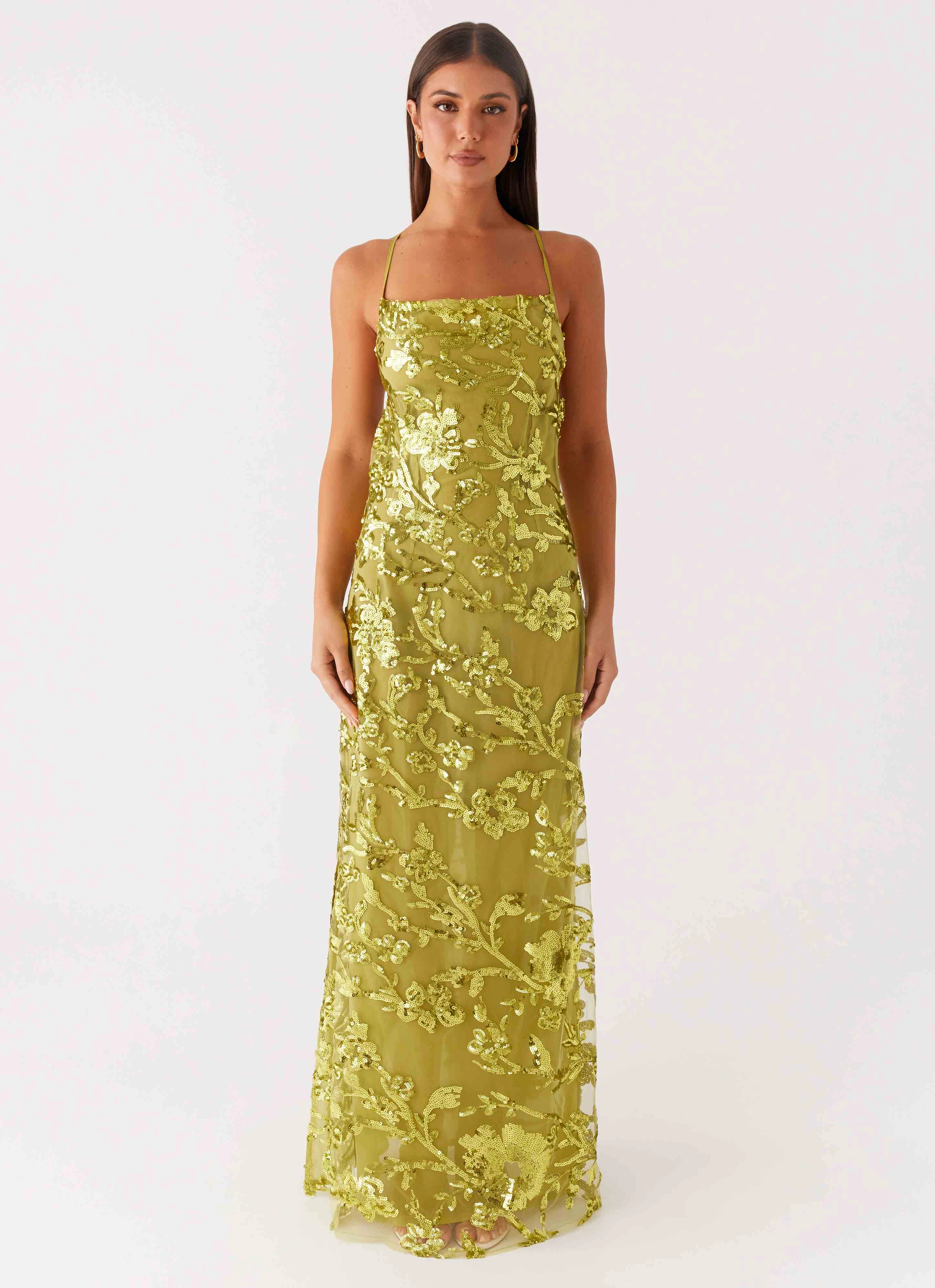 Calm Lines Quiet Sweet Havana Sequin Maxi Dress - Lime
