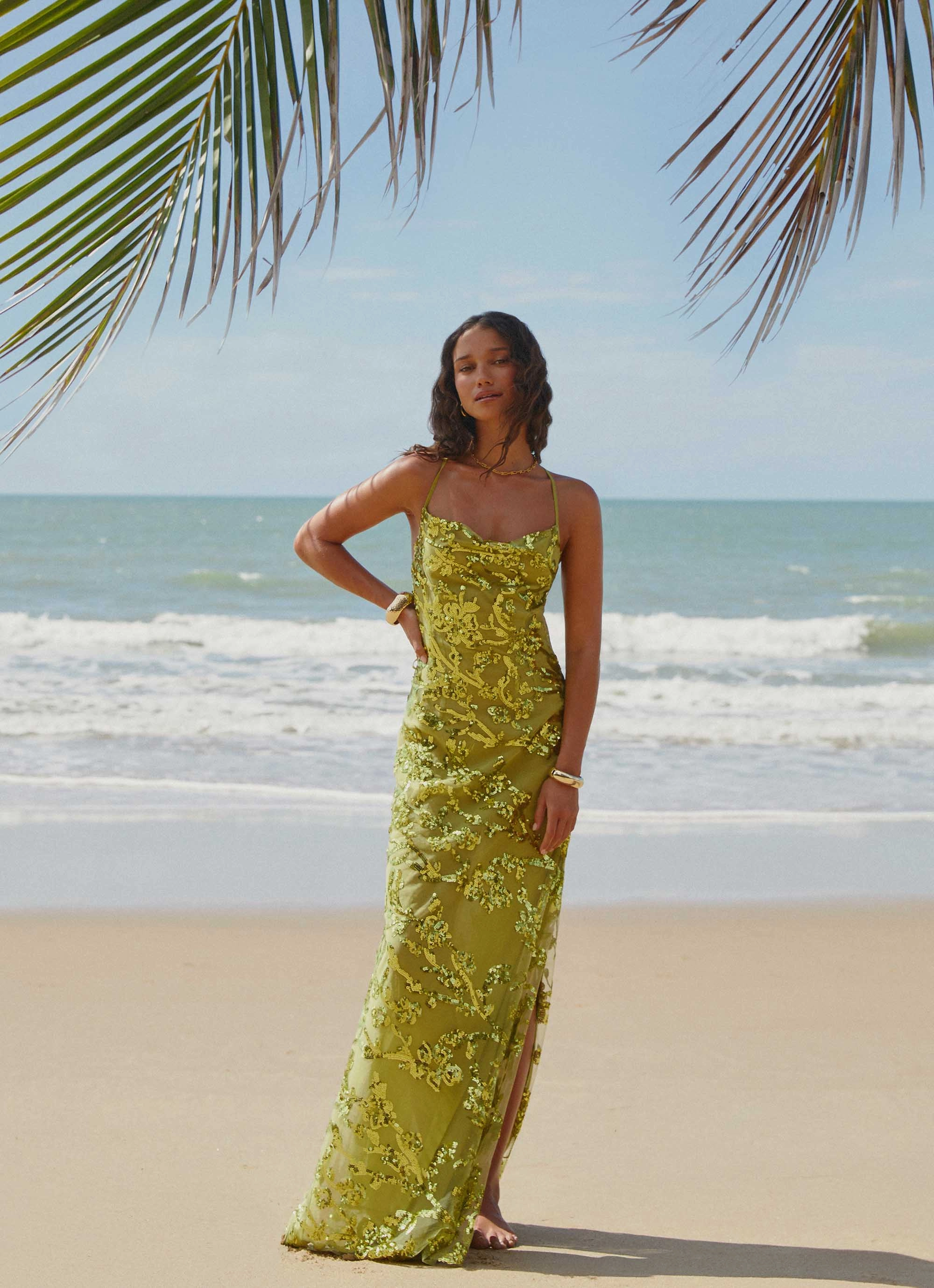 Sunset Hour Day Love Havana Sequin Maxi Dress - Lime