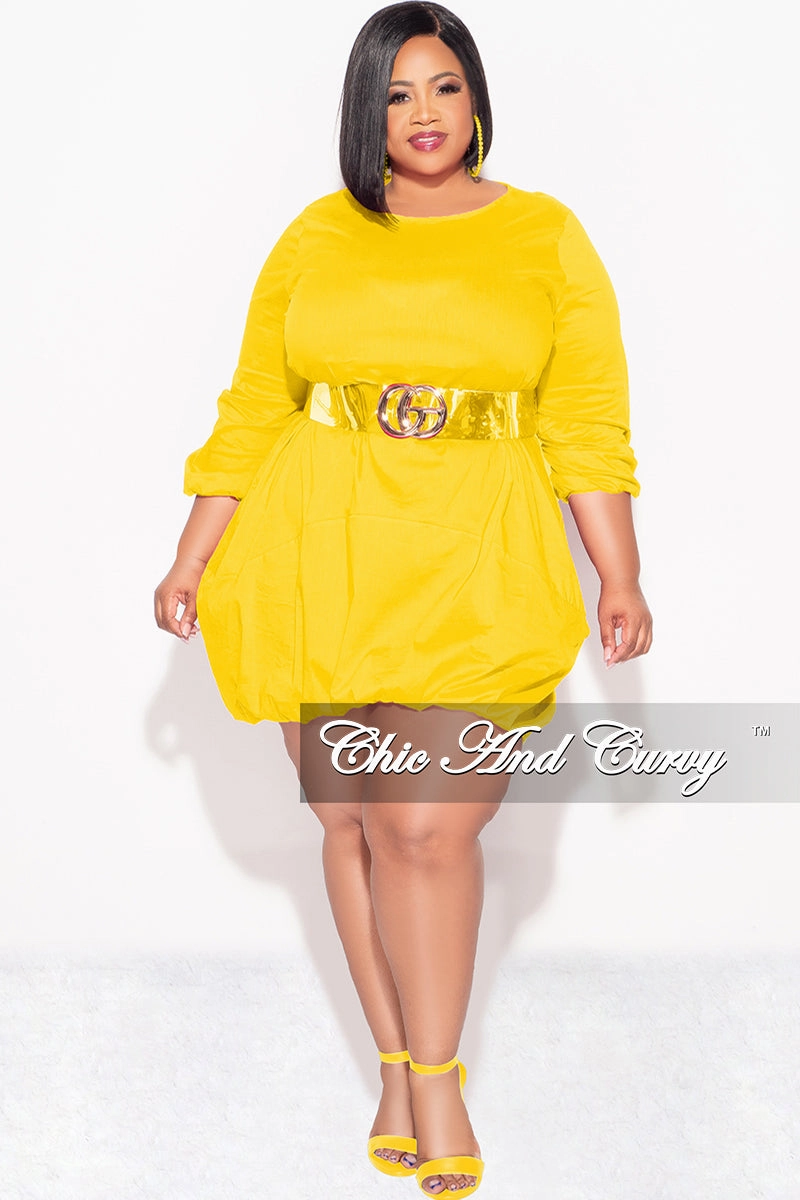 Final Sale Plus Size Bubble Poplin Dress in Mustard Printed design Breath Fit