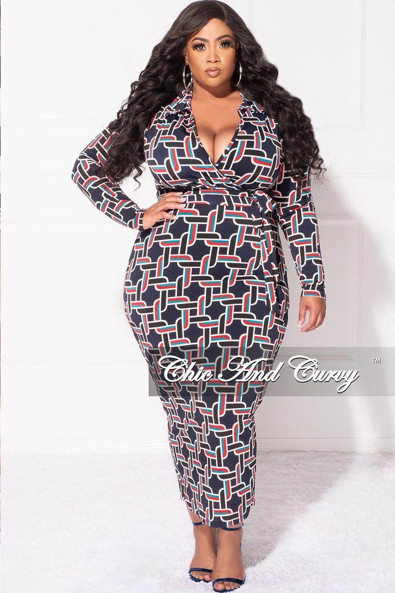 Final Sale Plus Size Collar Faux Wrap Midi BodyCon Dress in Navy Multi Color Design Print Odor Resistant