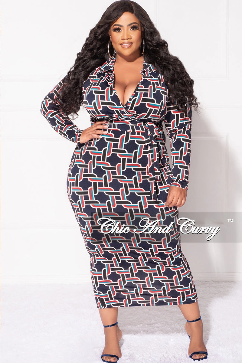 Final Sale Plus Size Collar Faux Wrap Midi BodyCon Dress in Navy Multi Color Design Print Elastic waist