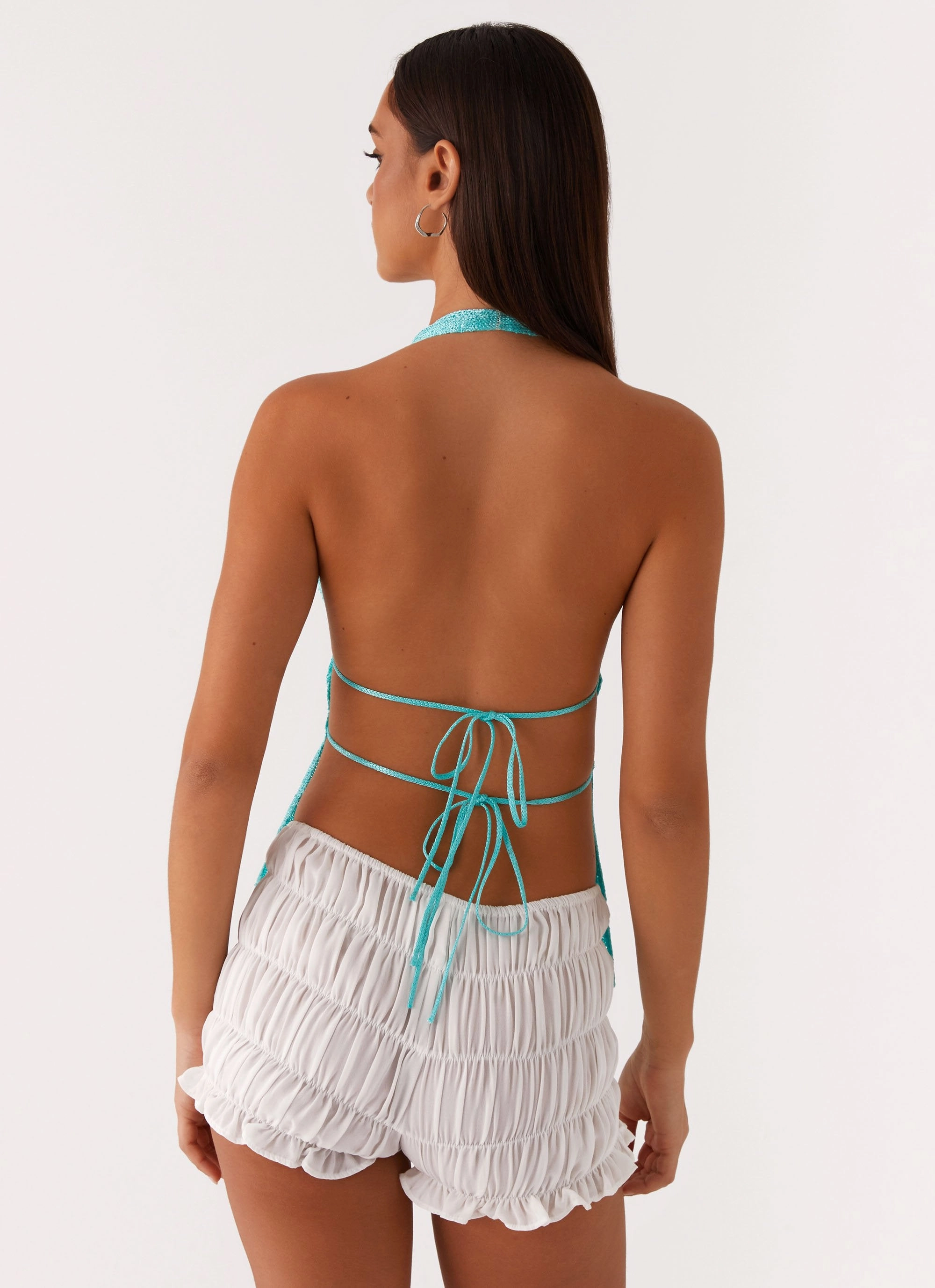 Callie Ruched Halterneck Top - Turquoise SweatWicking Fabric NoRoll Hem Technology
