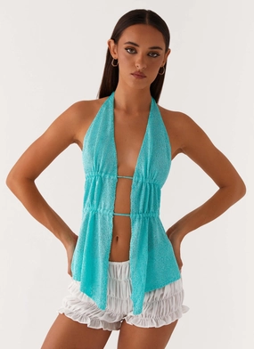 Callie Ruched Halterneck Top - Turquoise Sporty Tee Flatlock Seams