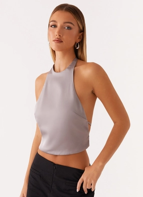 Bree Satin Halterneck Top - Grey Sun Protective Fabric SweatWicking Fabric