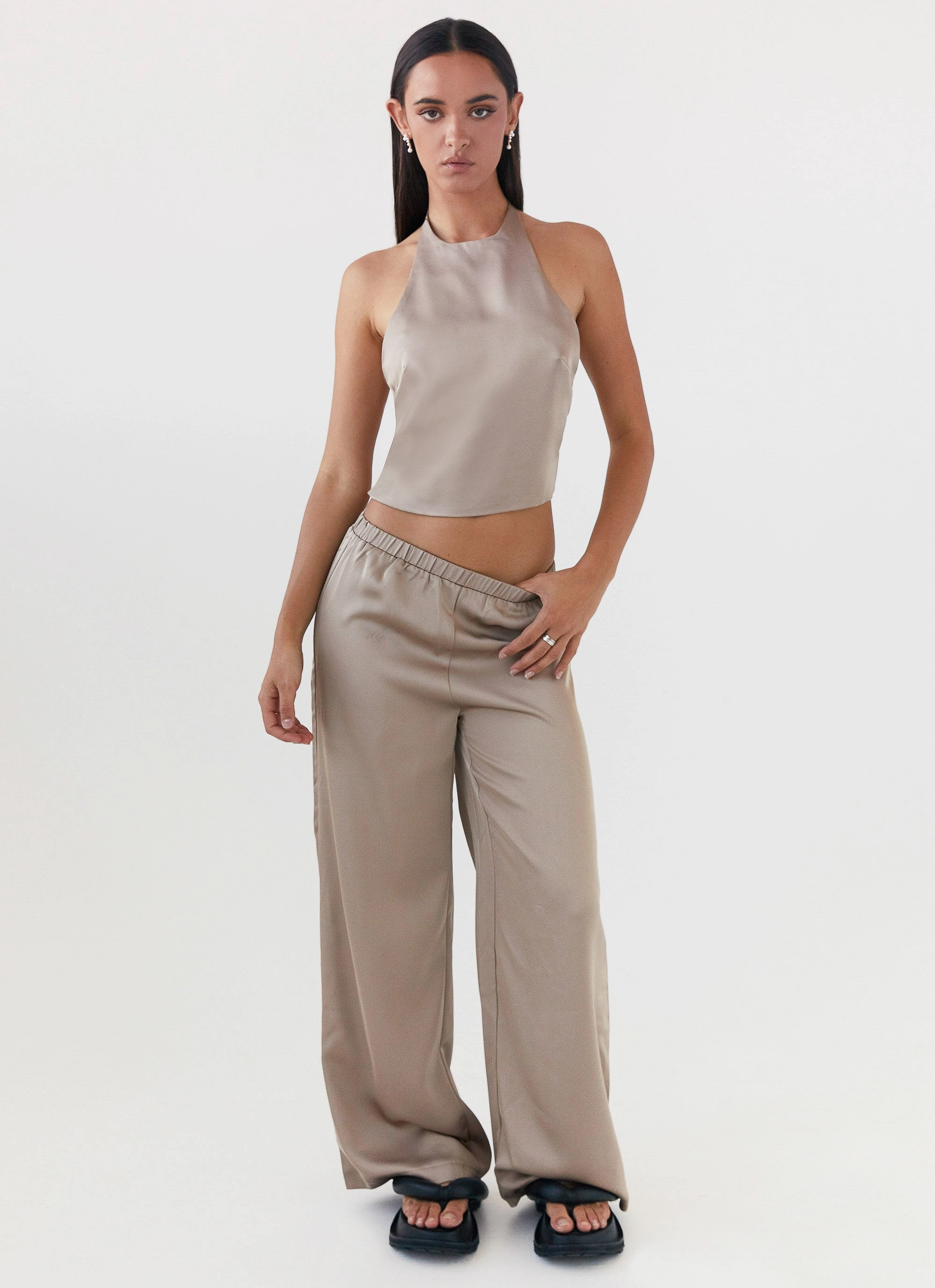 Light material Bree Satin Halterneck Top - Mushroom