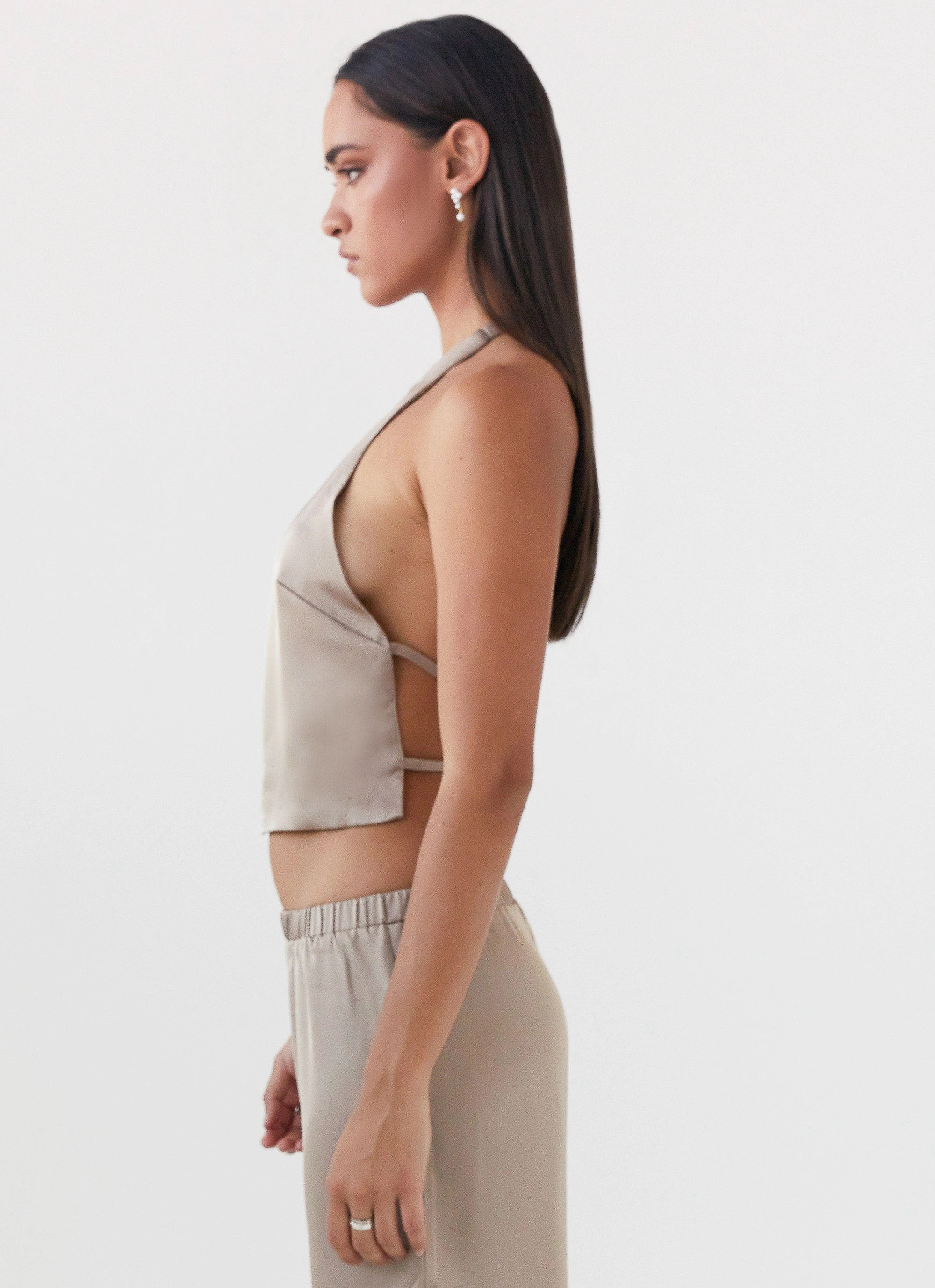 Anti Pilling Finish Bree Satin Halterneck Top - Mushroom