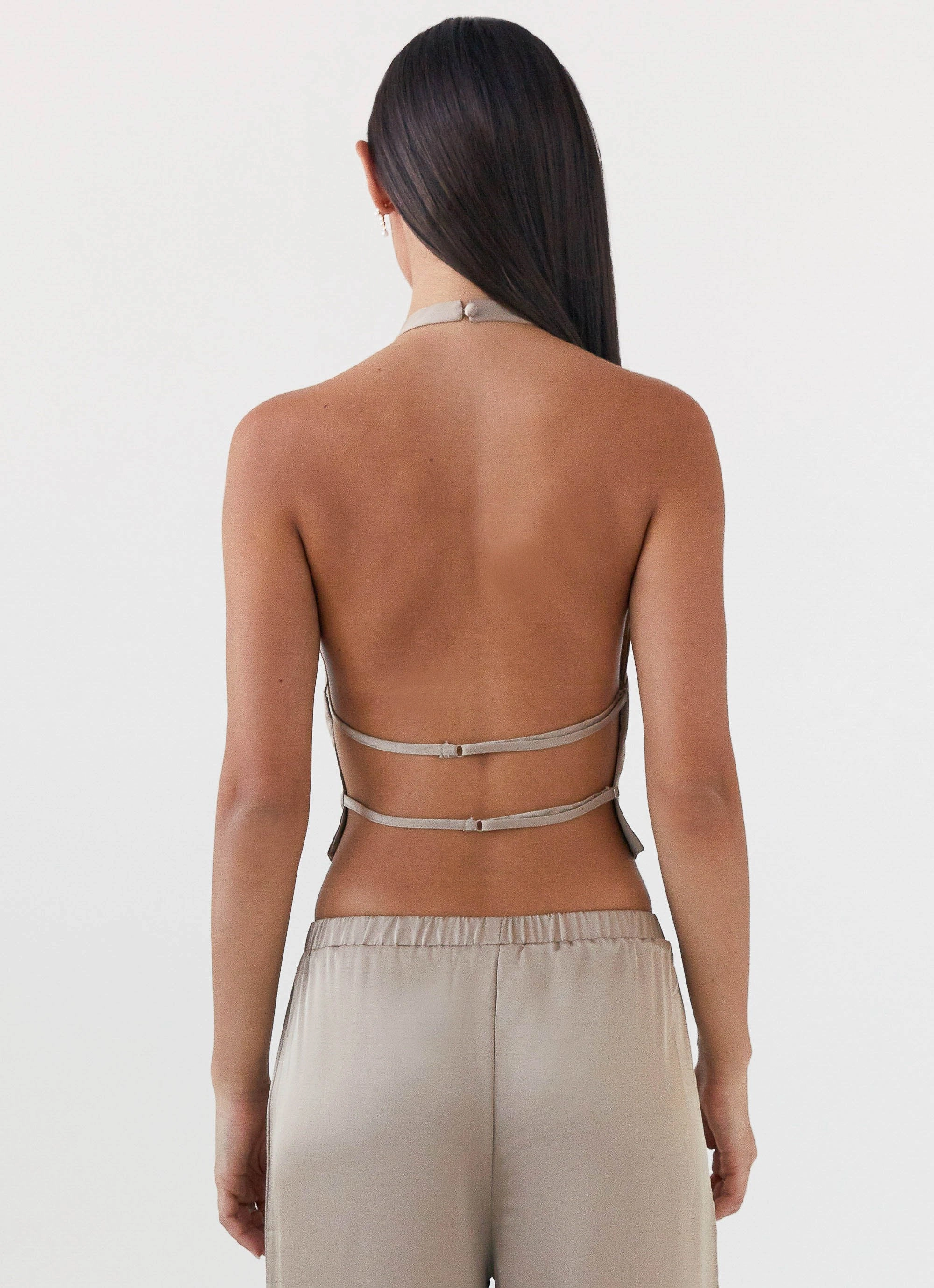 Bree Satin Halterneck Top - Mushroom FrictionResistant Edges